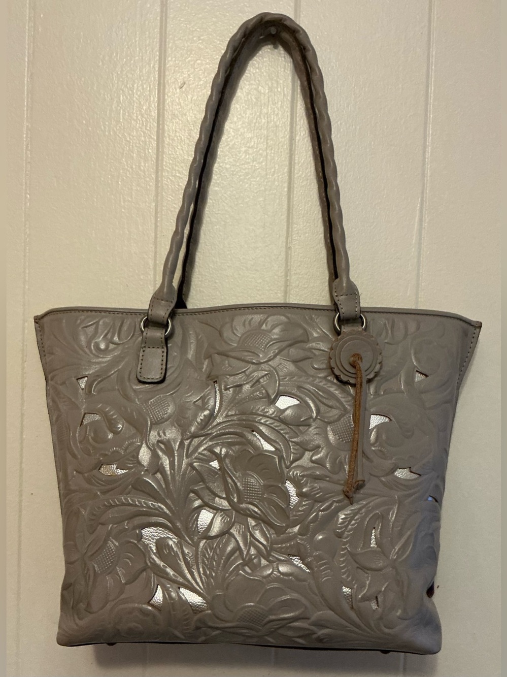 A Rare Floral Cutout Leather Large stone gray Patricia Nash Adeline Tote Handbag